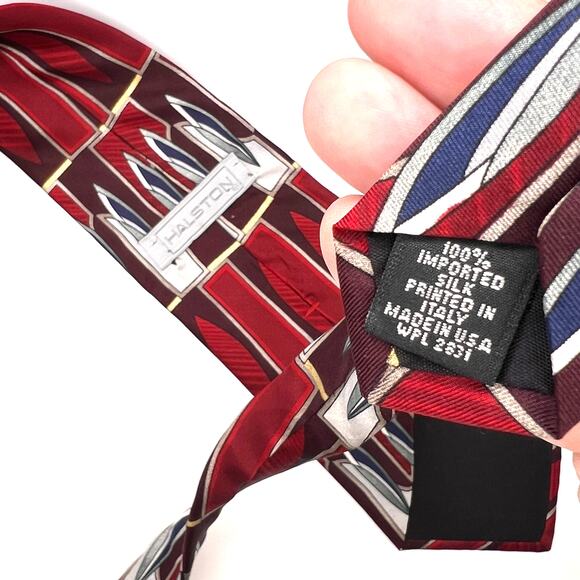 Halston -Men's Tie - Silk Geometric Y2K Necktie - Red Gray Blue 56" Long - Picture 3 of 5